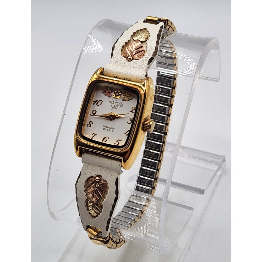 Black Hills Gold Wristwatch Tri-Colored Diamond Quartz Stretch White Leaf Band